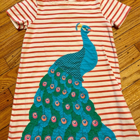 Mini Boden Red and White Striped Dress with Peacock Design - Picture 3 of 4